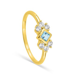 Anel banhado a ouro com zircónia azul-céu lapidação princesa e zircónias brancas
