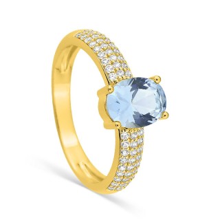 Anillo chapado en oro con circonitas blancas y circonita ovalada azul cielo 8x6 mm