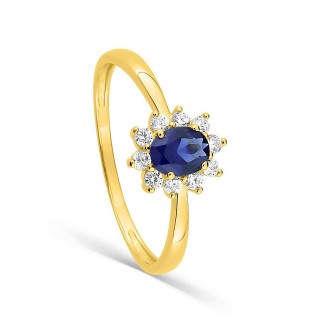 Anel solitário acompanhado flor banhado a ouro com zircónia azul-escura