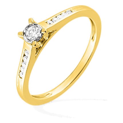 Anel solitário bicolor com pedras laterais em ouro 750 ‰ e diamantes em chaton ilusão de 0,12 ct