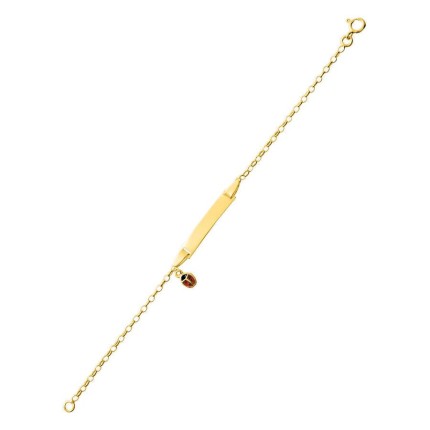 Esclava de bebé chapada en oro con cadena forzada, placa rectangular y mariquita