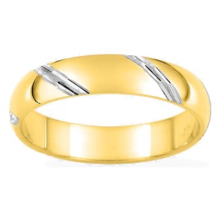 Anillo alianza fantasía de 4 mm chapado en oro amarillo con finas estrías diagonales chapadas en oro blanco