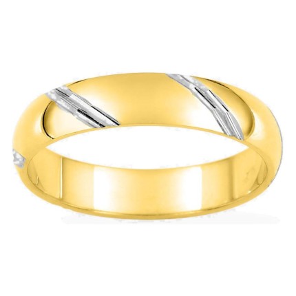 Anillo alianza fantasía de 4 mm chapado en oro amarillo con finas estrías diagonales chapadas en oro blanco