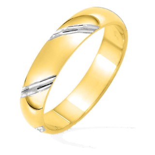 Anillo alianza fantasía de 4 mm chapado en oro amarillo con finas estrías diagonales chapadas en oro blanco