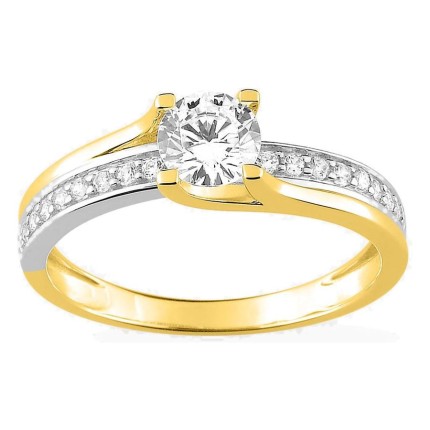 Anillo solitario con piedras laterales en oro amarillo 750 ‰, rodio y pavé de circonitas