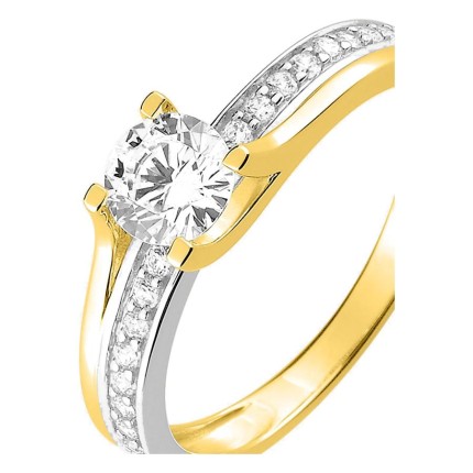 Anillo solitario con piedras laterales en oro amarillo 750 ‰, rodio y pavé de circonitas